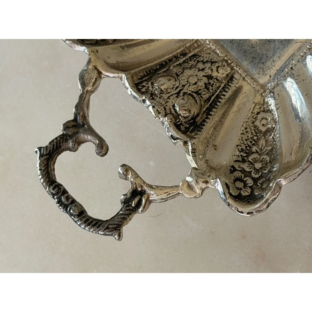 Two's Company Trinket Tray Small Silver Floral Repousse Footed Scrolled Handle
